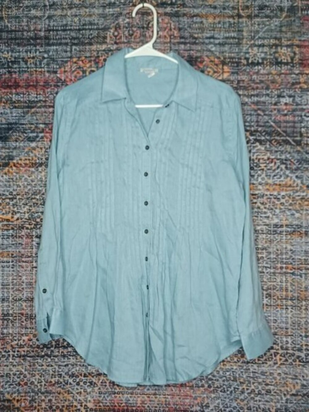 sundance womens solid teal pintucks linen button down top L